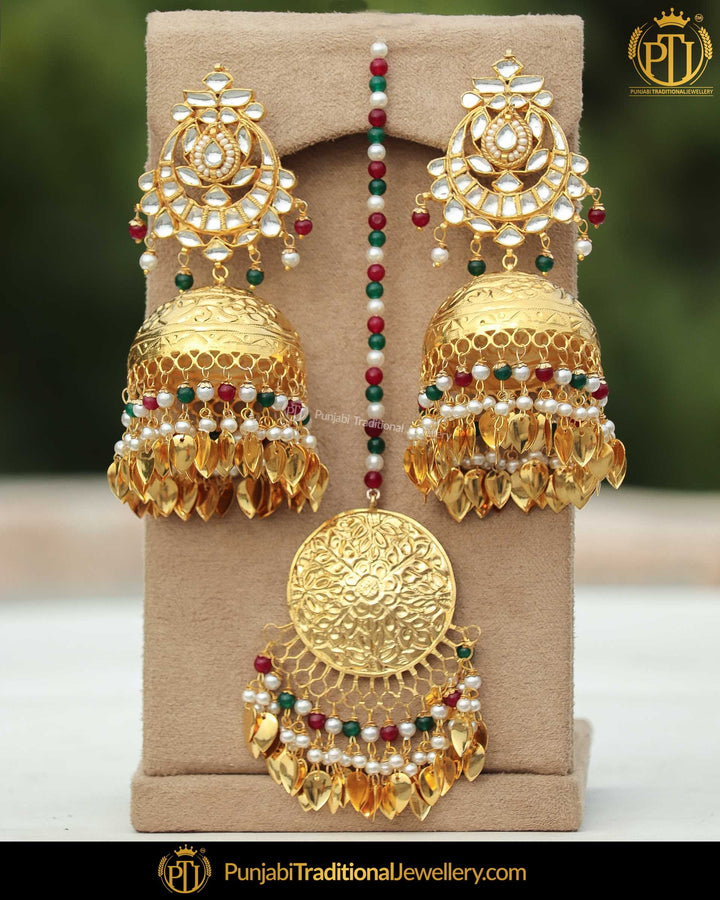 Gold Finished Pippal Patti Jhumki Rubby Panna Kundan Pearl Earring & Tika Set| Punjabi Traditional Jewellery Exclusive