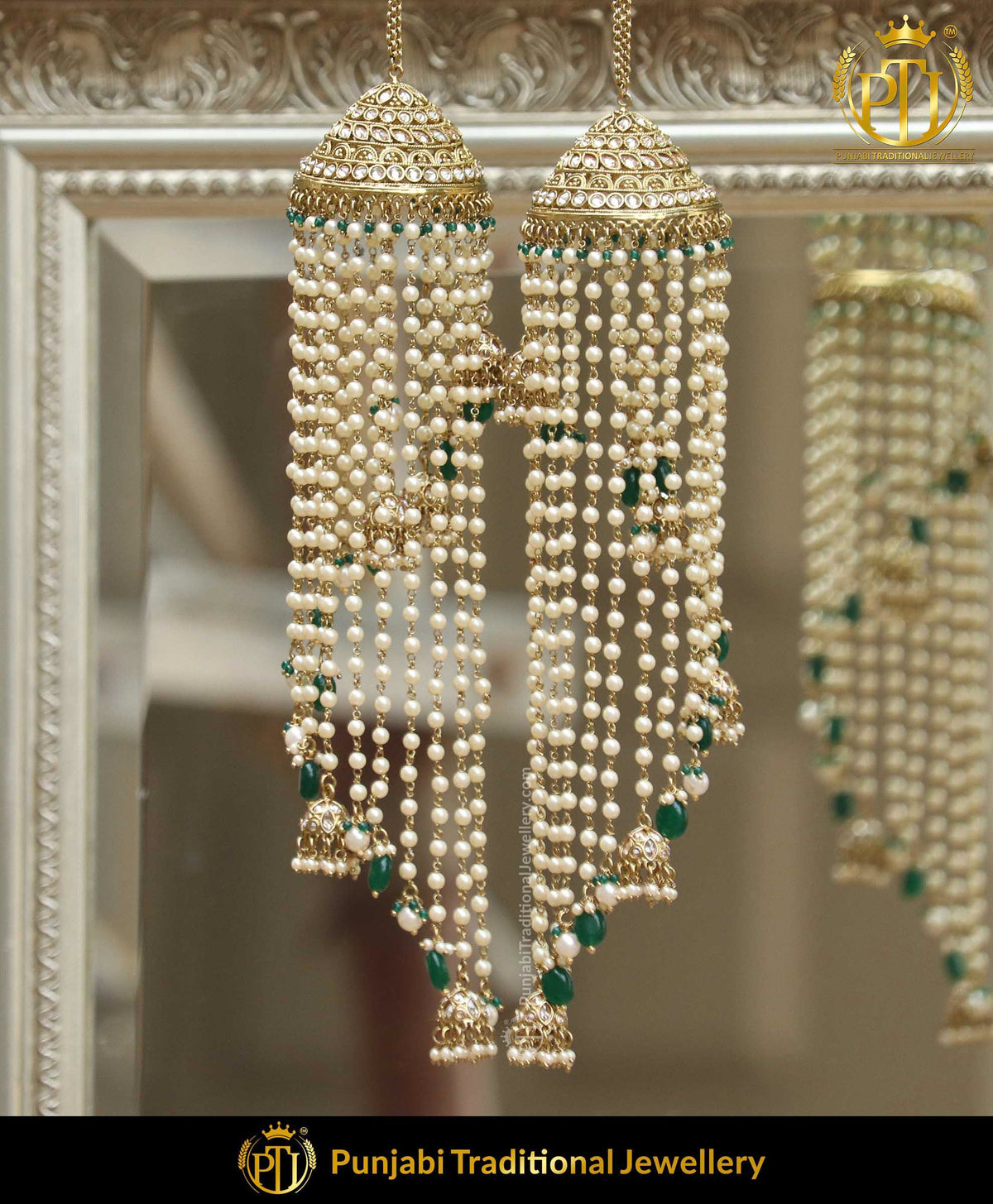 Gold Finished Emerald Champagne Stone Pearl Bridal Kalira | Punjabi Traditional Jewellery Exclusive