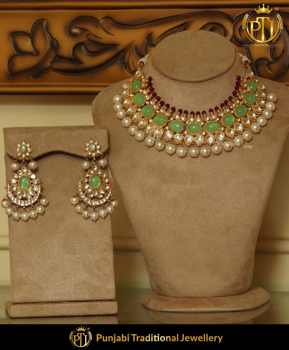 New Jade Rubby Pearl Kundan Necklace & Earring Set | Punjabi Traditional Jewellery Exclusive