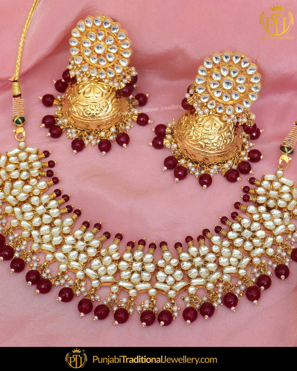 Gold Finished Kundan & Jhumki Rubby Pearl Earrings & Necklace | Punjabi Traditional Jewellery Exclusive