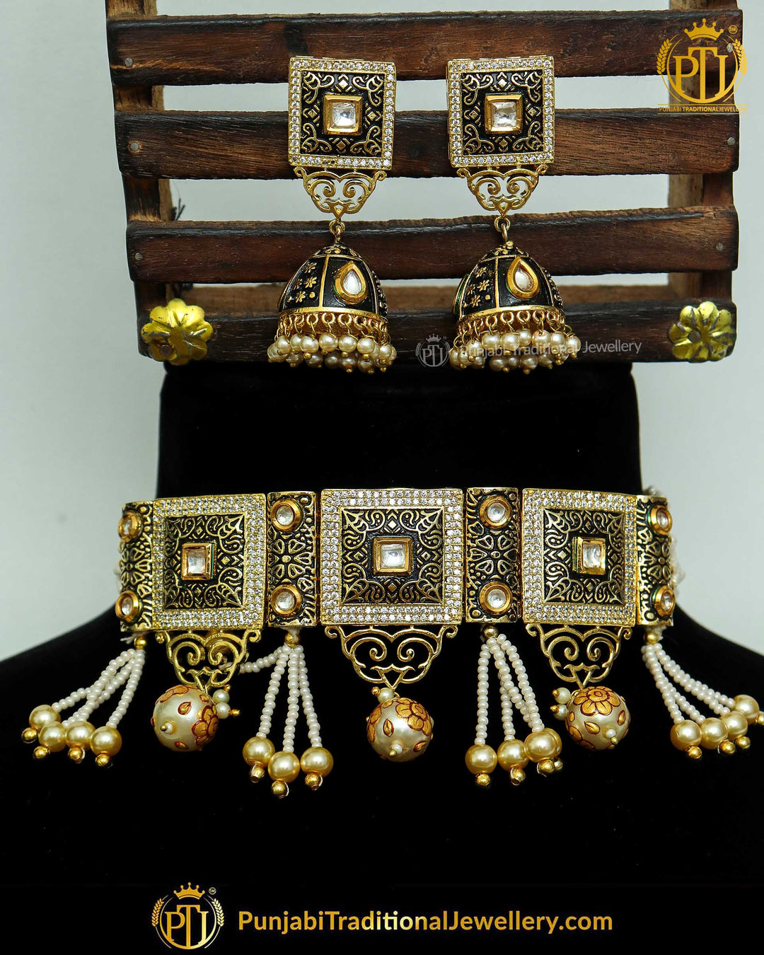 Black Hand-Painted Meena Kundan Pearl Choker Set | Punjabi Traditional Jewellery Exclusive
