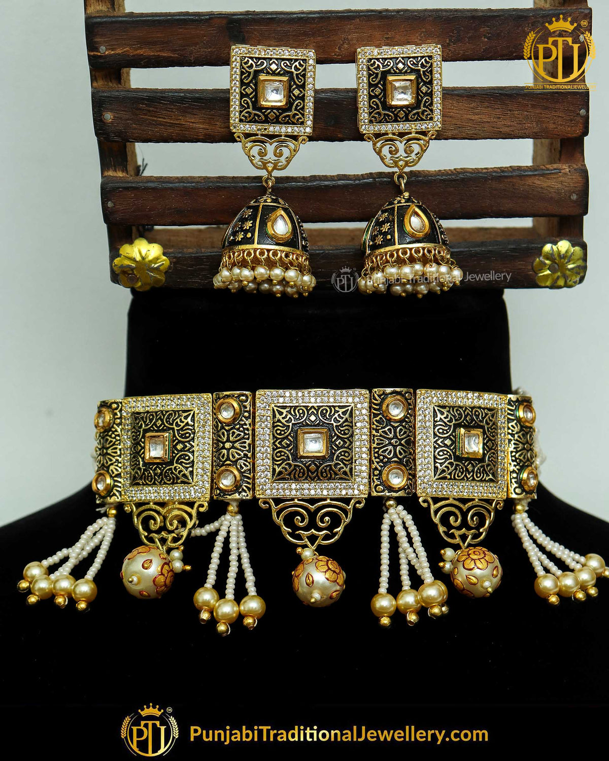 Black Hand-Painted Meena Kundan Pearl Choker Set | Punjabi Traditional Jewellery Exclusive