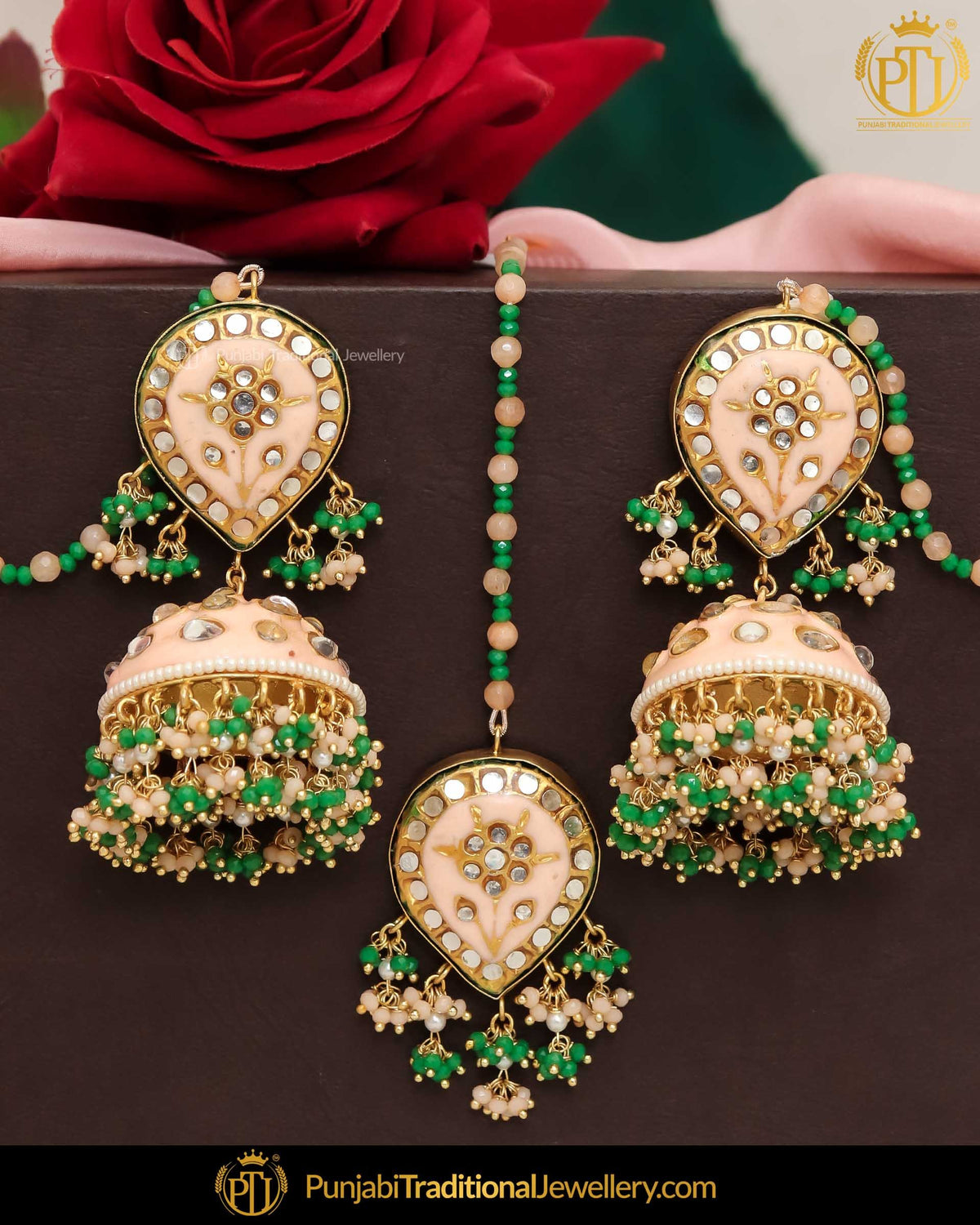 Hand Painted Meena Kundan Pearl Green Pink Jhumki Earrings & Tikka  | Punjabi Traditional Jewellery Exclusive