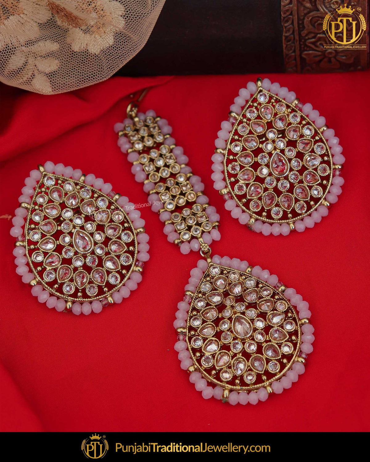 Gold Finished Pink Champagne Stone Stud Earring Tikka Set | Punjabi Traditional Jewellery Exclusive