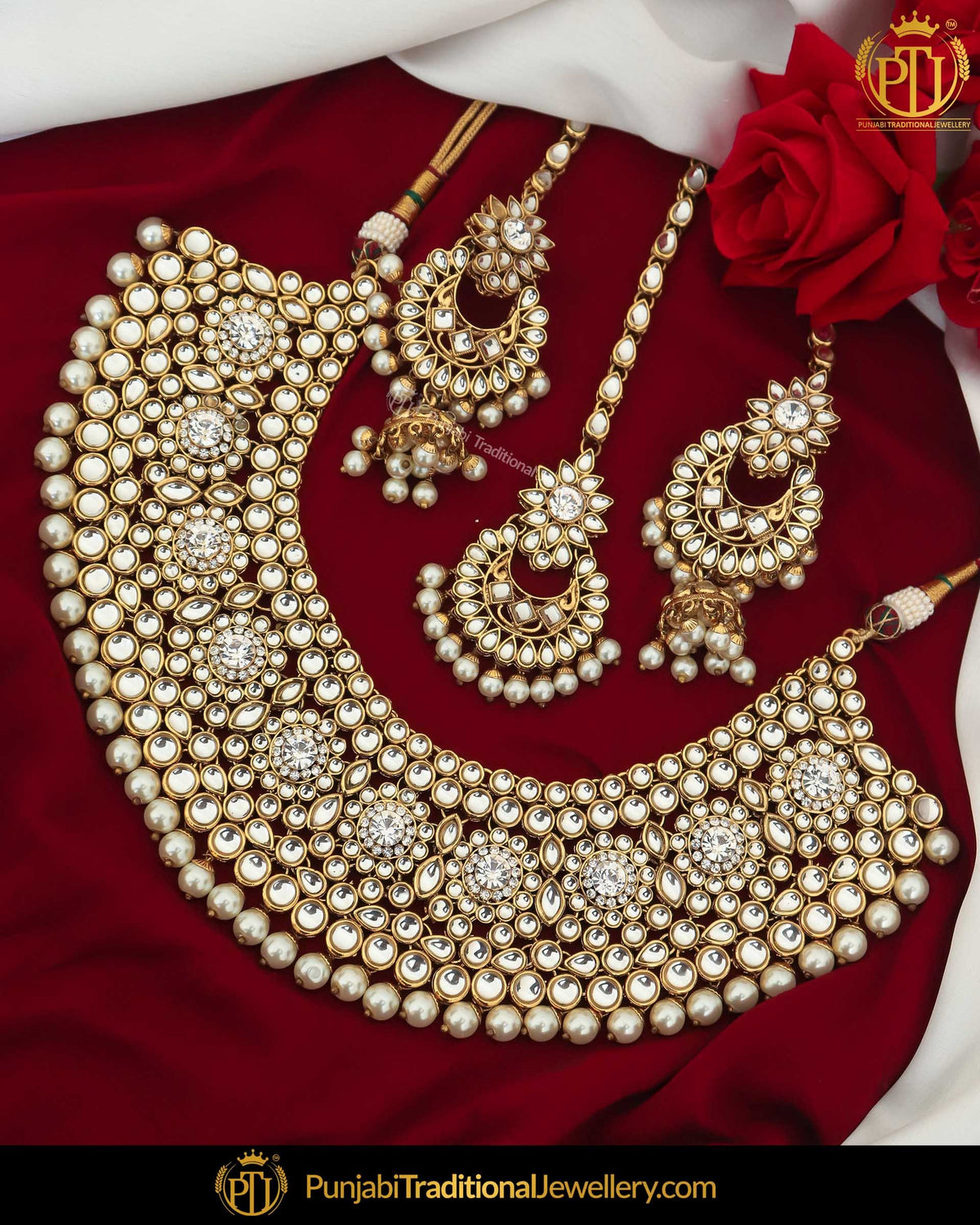 Gold Finished Kundan Pearl Necklace Set | Punjabi Traditional Jewellery Exclusive