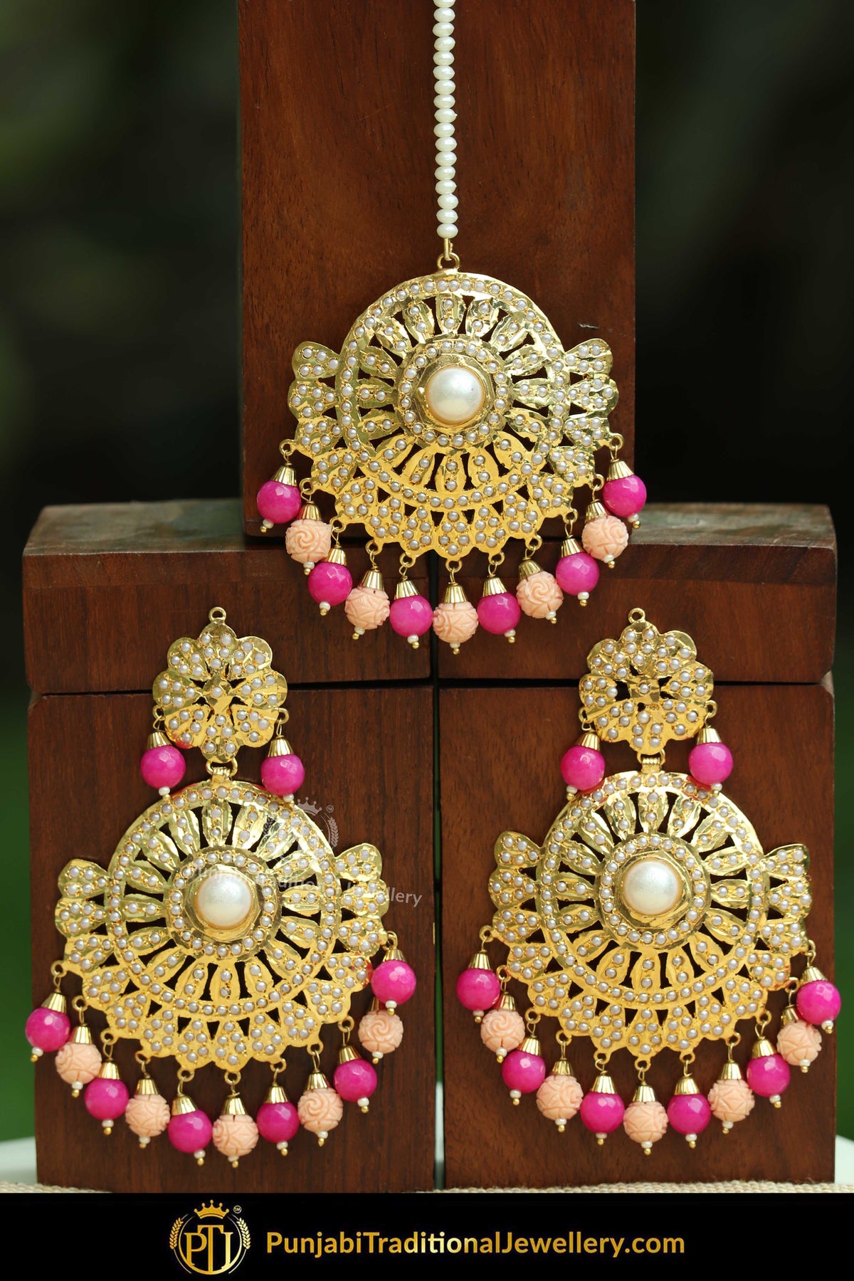 Gold Finished Pink & Peach Jadau Pearl Earring Tikka Set | Punjabi Traditional Jewellery Exclusive