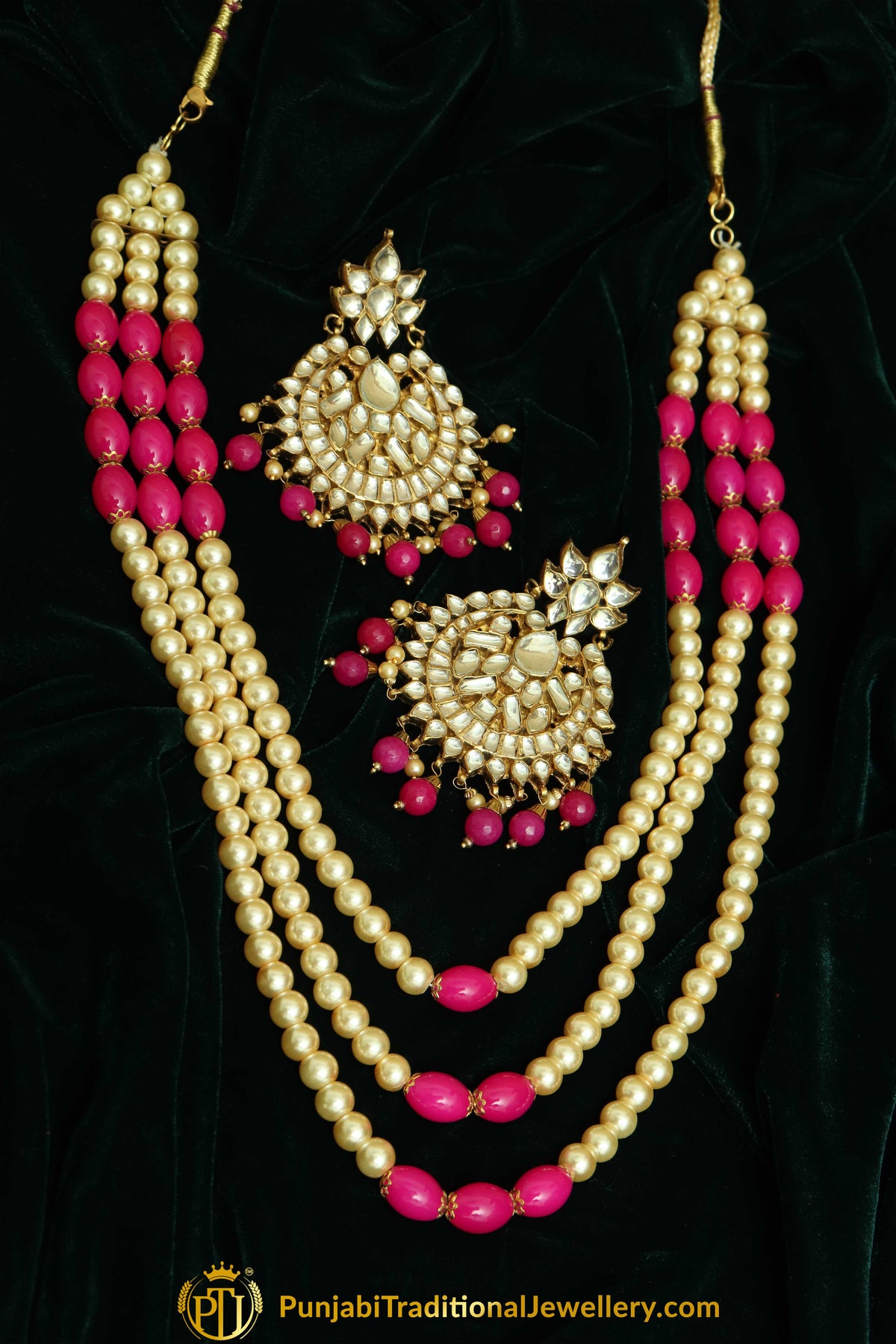 Erina Hot Pink Kundan Pearl Mala Set | Punjabi Traditional Jewellery Exclusive