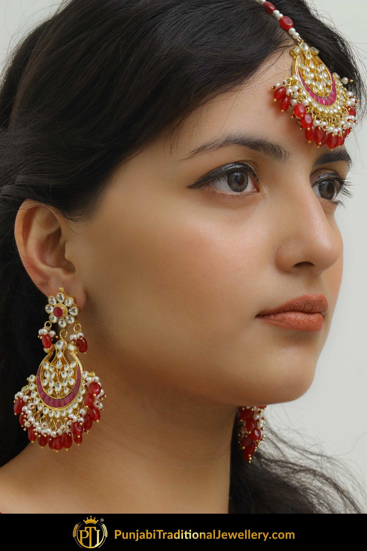 Bahira Rubby Kundan Earring Tikka Set  | Punjabi Traditional Jewellery Exclusive
