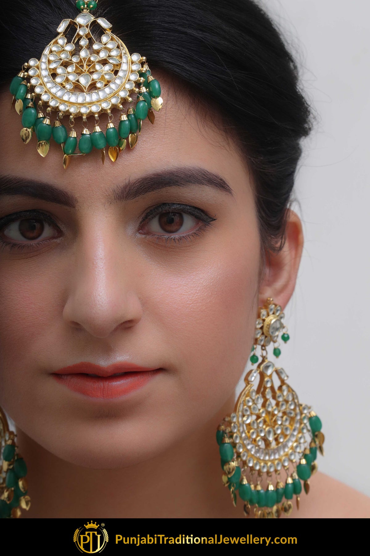 Anila Green Kundan Pippal Patti Earring Tikka Set | Punjabi Traditional Jewellery Exclusive