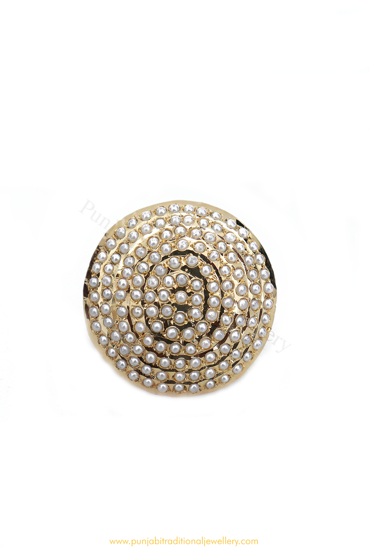 Gold Finished Pearl Jadau Ring By PTJ