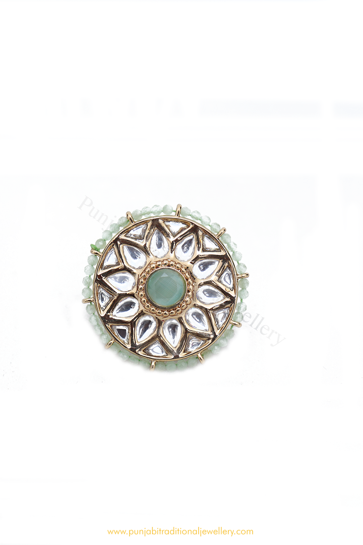 Gold Finished Mint Kundan Ring By PTJ