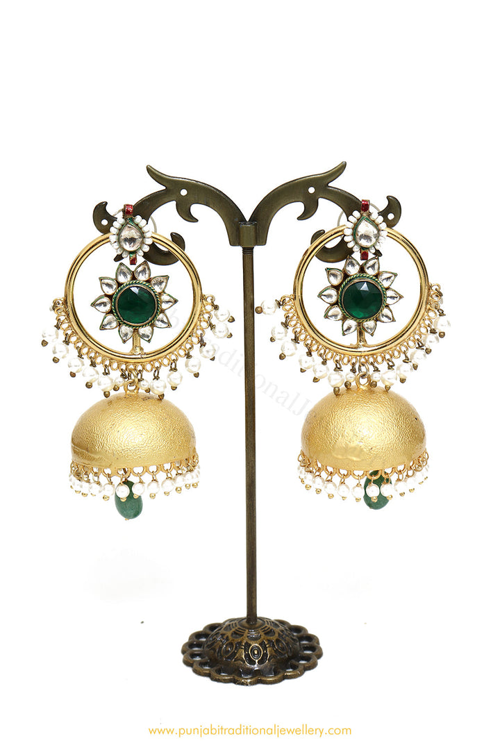 Gold Finished Emerald Kundan Jhumki Earrings by PTJ