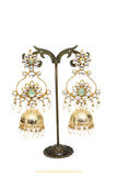 Gold Finished Mint Kundan Jhumki Earrings by PTJ