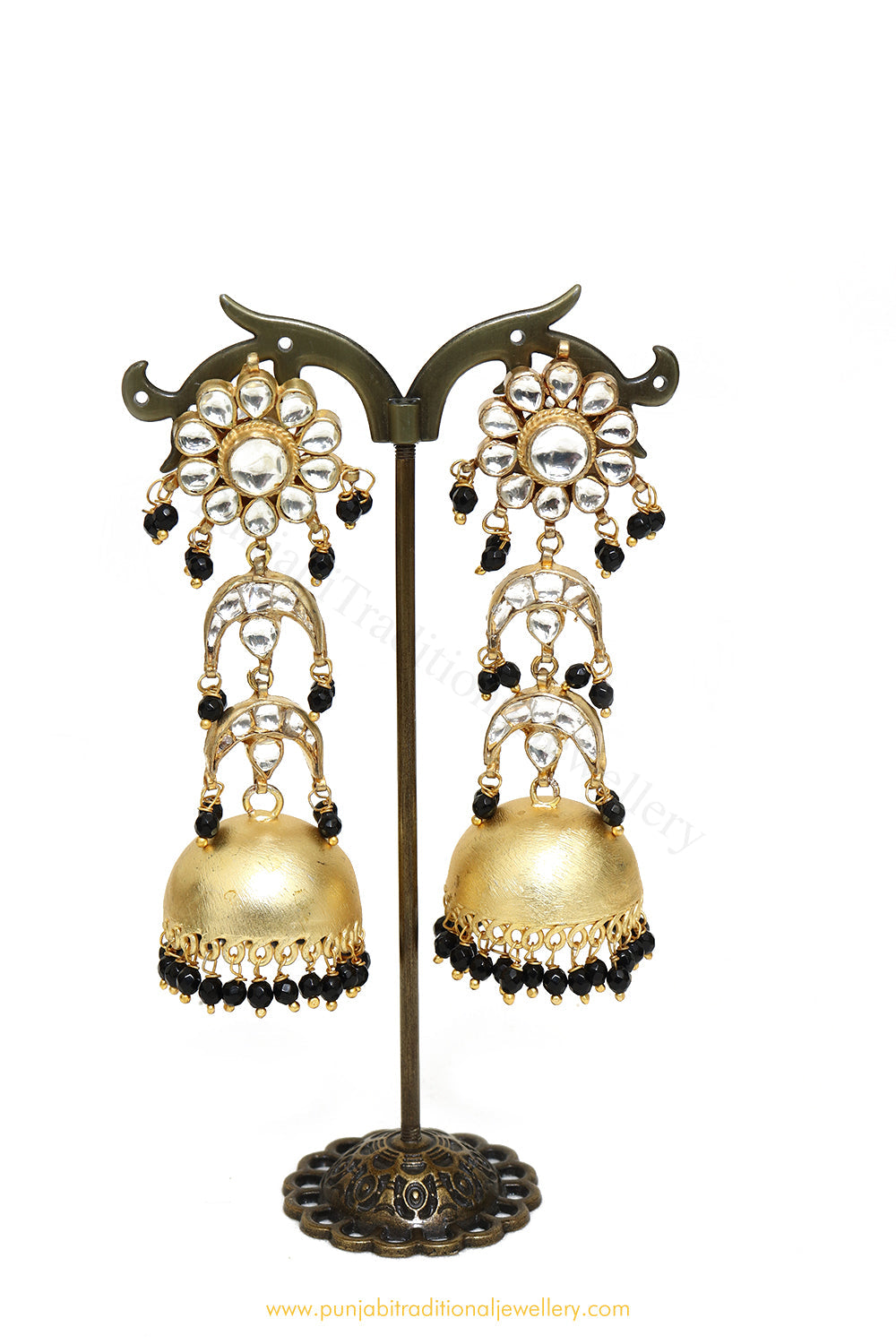 Gold Finished Black Kundan Jhumki Earrings by PTJ
