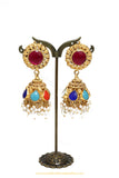 Gold Finished Navratan Kundan Jhumki Earrings by PTJ