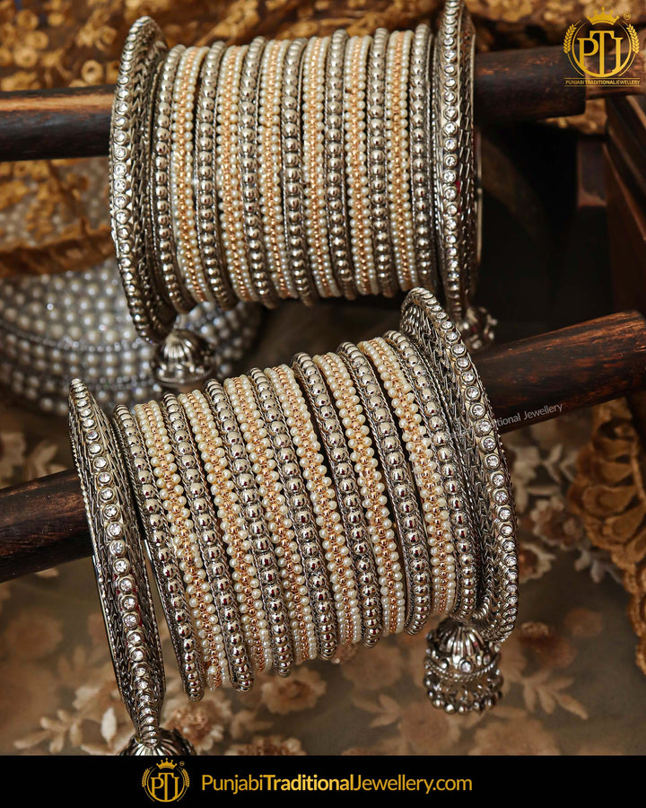 Silver Plated Pearl Bangles Set For Both Hands | Punjabi Traditional Jewellery Exclusive
