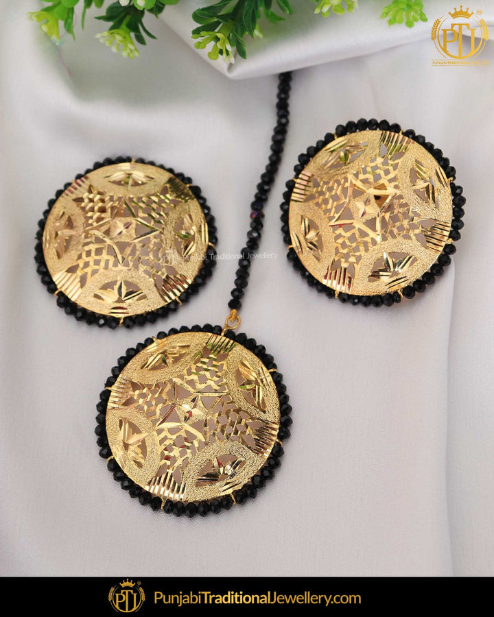 Gold Finished Black Jadau Stud Pearl Earring Tikka Set | Punjabi Traditional Jewellery Exclusive