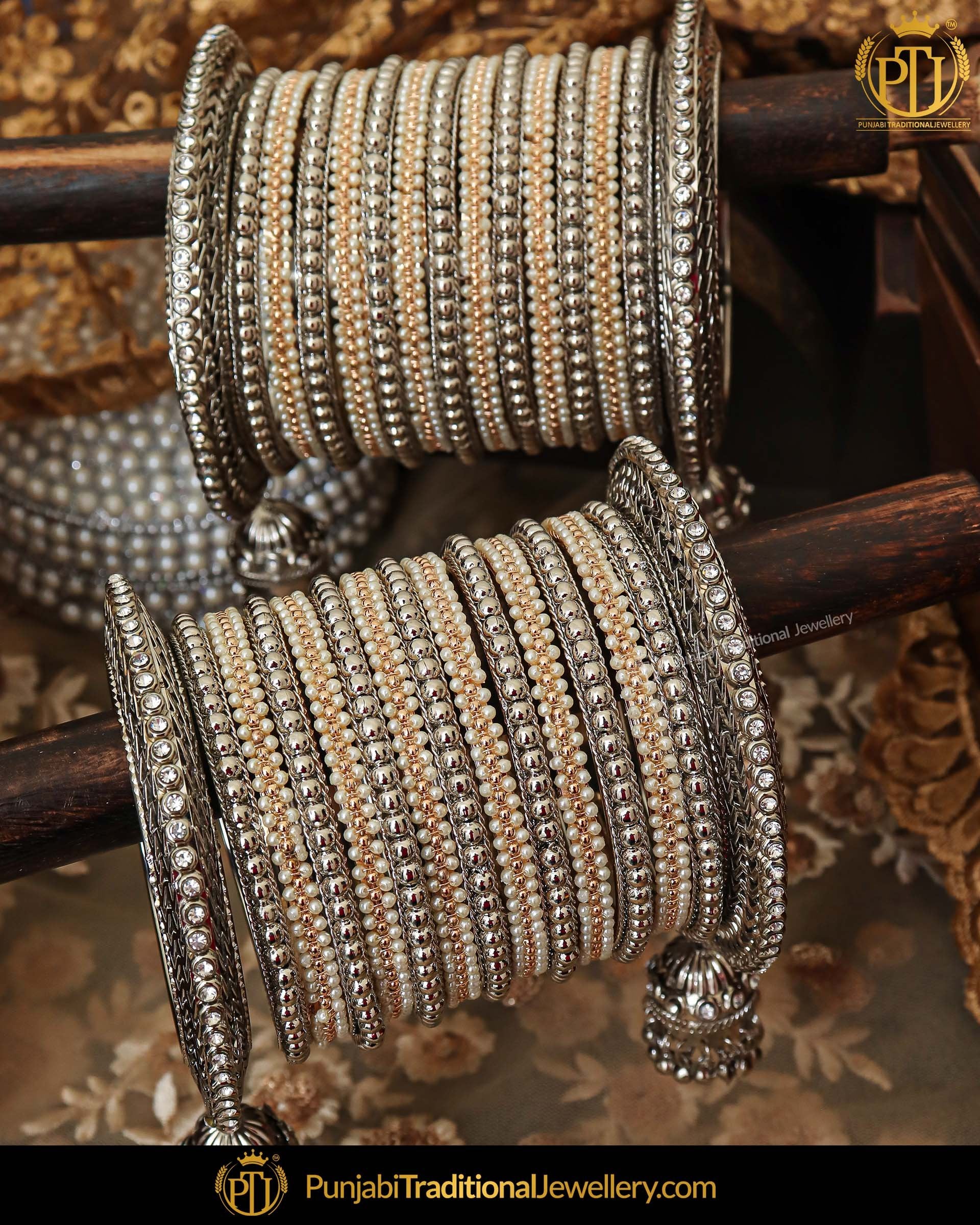 Silver Plated Pearl Bangles Set For Both Hands |  Punjabi Traditional Jewellery Exclusive