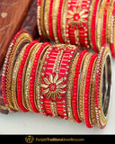 Antique Gold Finished Red Thread Bangles Set (Both Hand Pair) | Punjabi Traditional Jewellery Exclusive