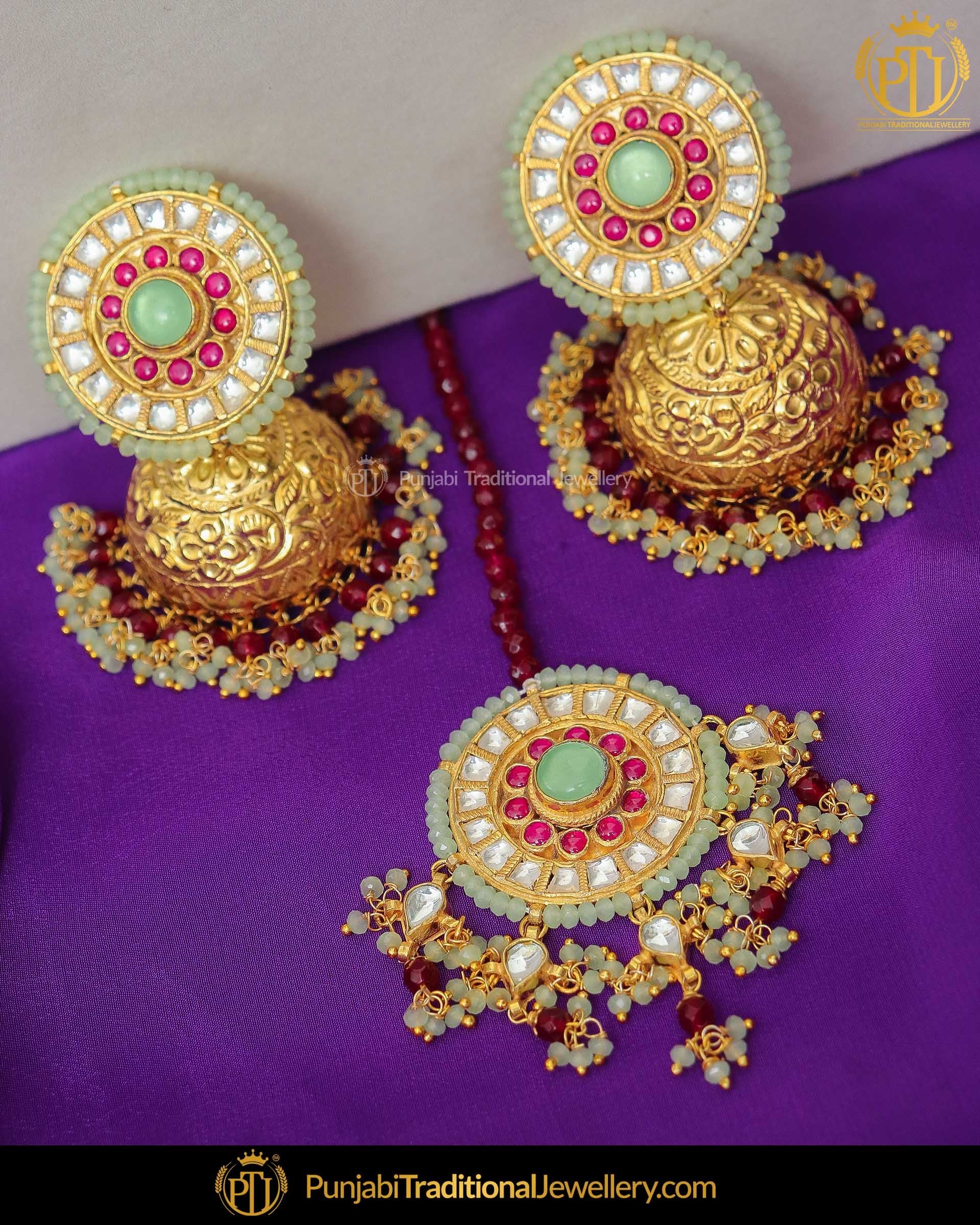 Gold Finished Rubby & New Jade Kundan Jhumki Earrrings & Tikka | Punjabi Traditional Jewellery Exclusive