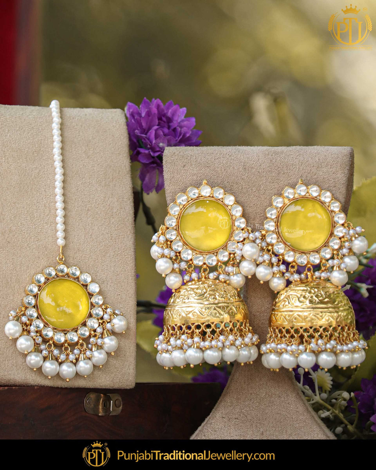 Gold Finished Kundan Pearl Jhumki Yellow Earrings & Tikka  | Punjabi Traditional Jewellery Exclusive