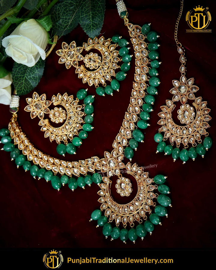 Gold Finished Green Champagne Stone Pearl Necklace Set | Punjabi Traditional Jewellery Exclusive