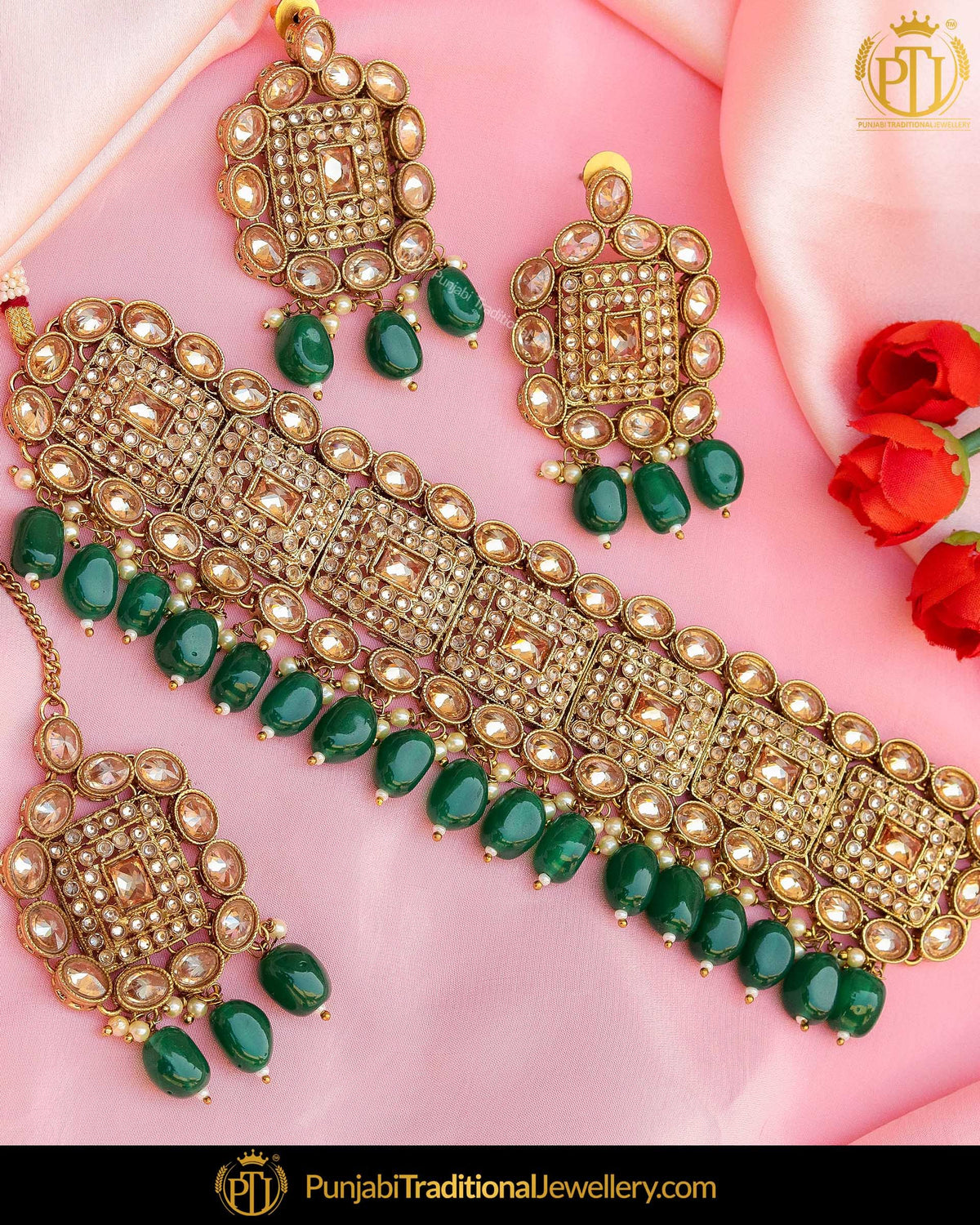 Antique Gold Finished Green Polki Stone Choker Necklace Set | Punjabi Traditional Jewellery Exclusive