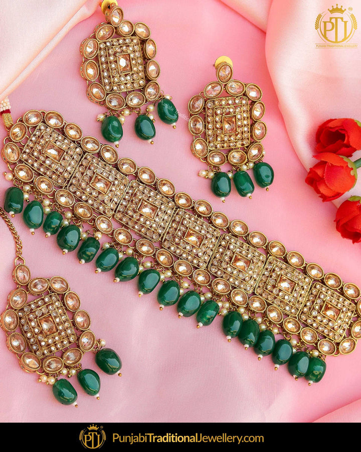 Antique Gold Finished Green Polki Stone Choker Necklace Set | Punjabi Traditional Jewellery Exclusive