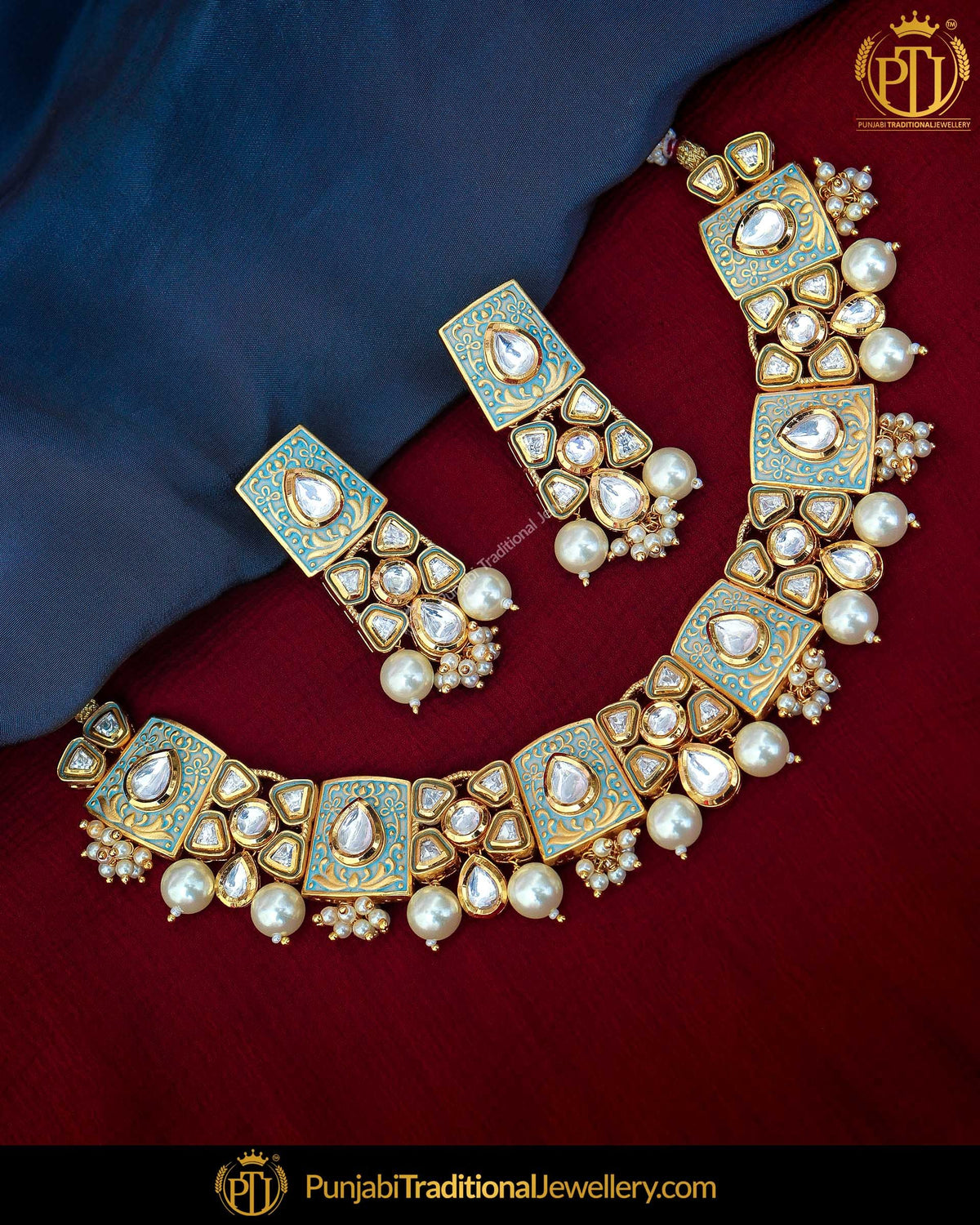 Hand Painted Firozi Meena Kundan Pearl Necklace Set | Punjabi Traditional Jewellery Exclusive