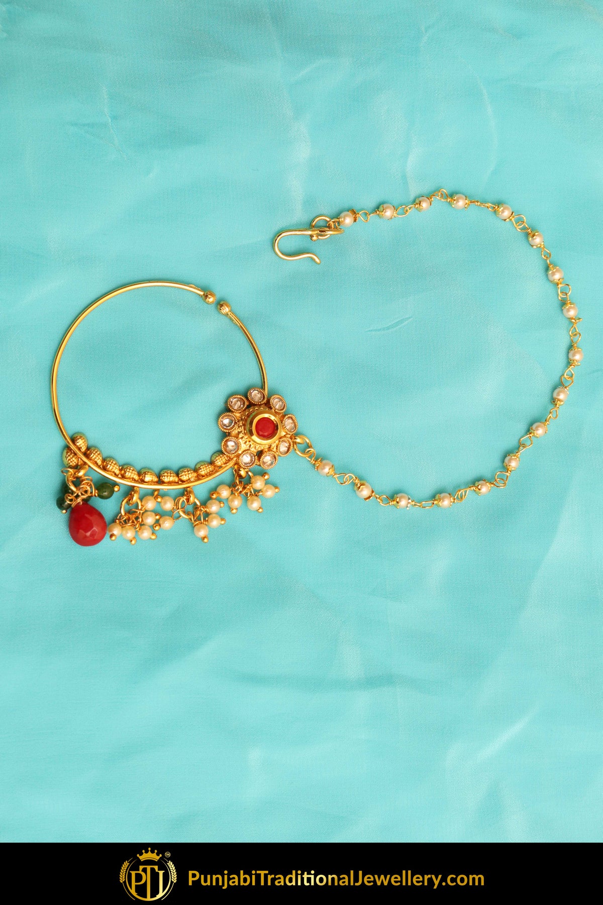 Gold Finished Rubby Polki Nath| Punjabi Traditional Jewellery Exclusive