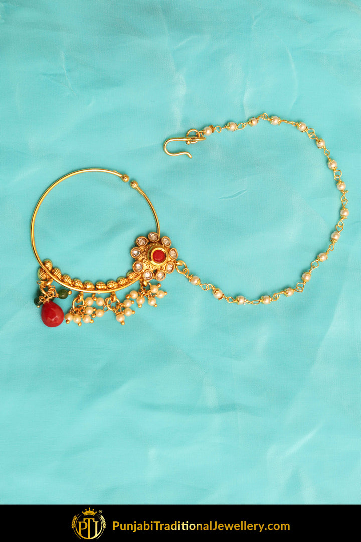 Gold Finished Rubby Polki Nath| Punjabi Traditional Jewellery Exclusive