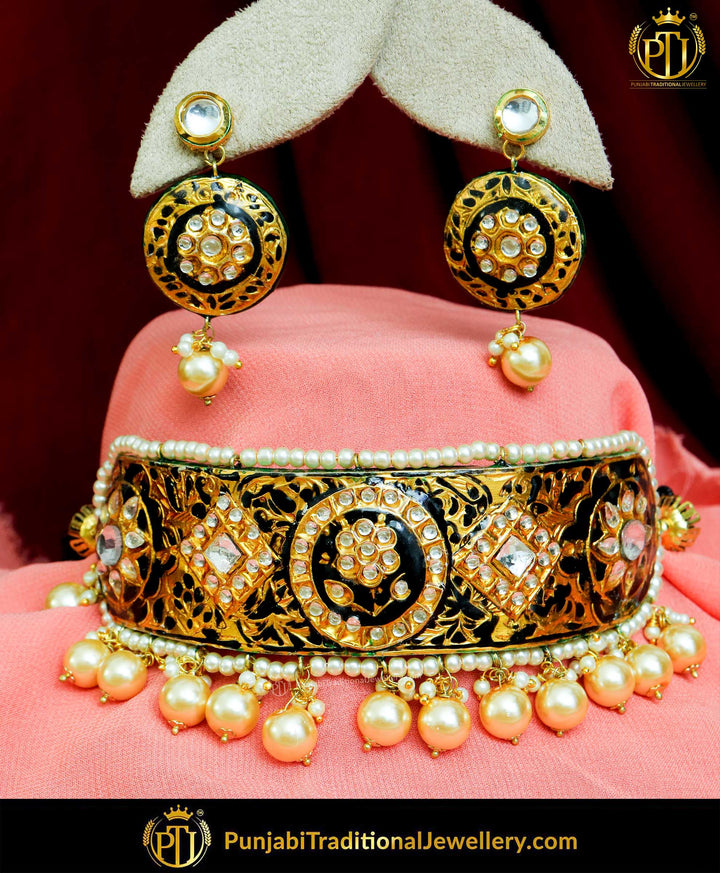 Black Hand-Painted Meena Kundan Pearl Choker Set | Punjabi Traditional Jewellery Exclusive