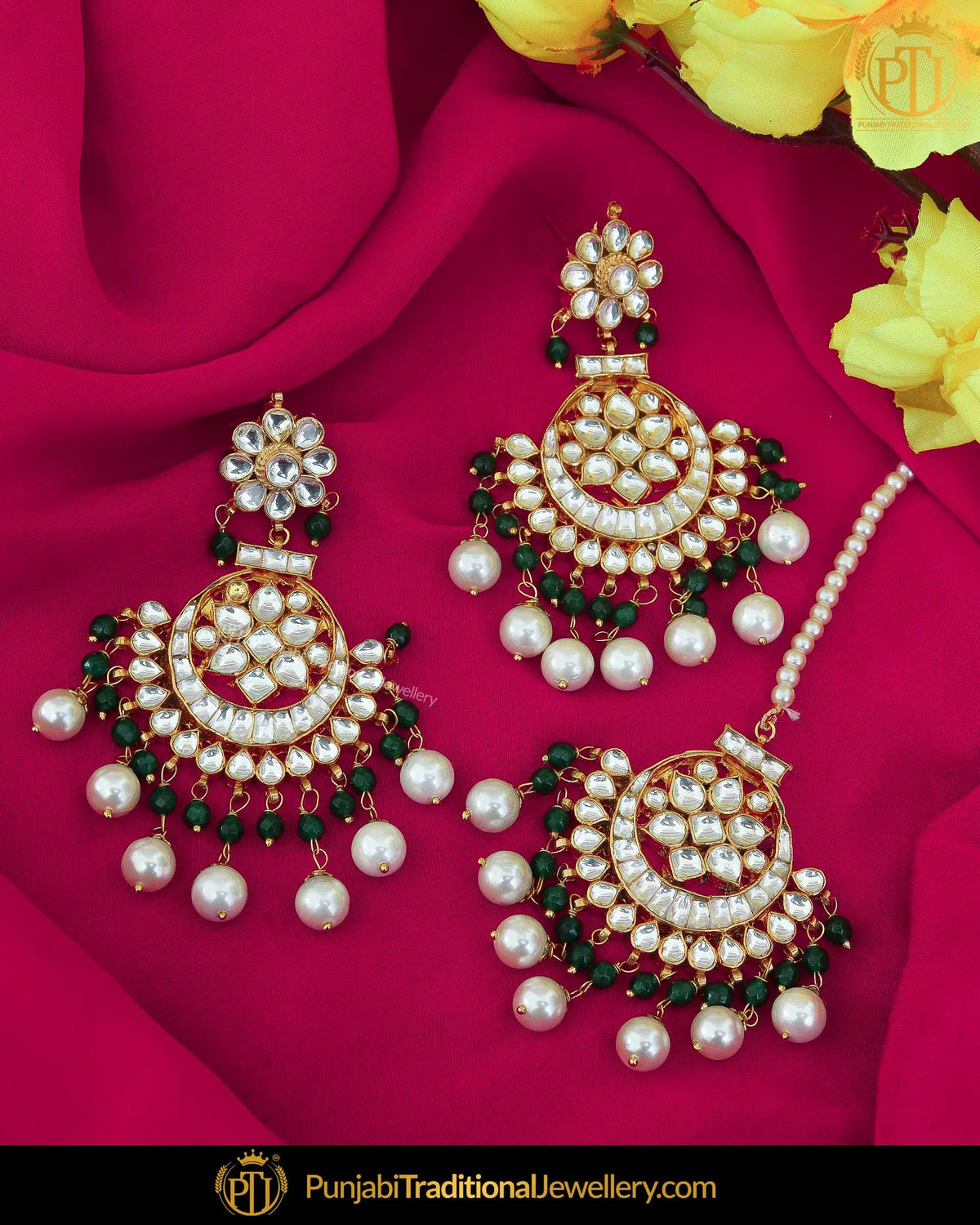 Gold Finished Pippal Patti Emerald Pearl Kundan Earring Tikka Set | Punjabi Traditional Jewellery Exclusive