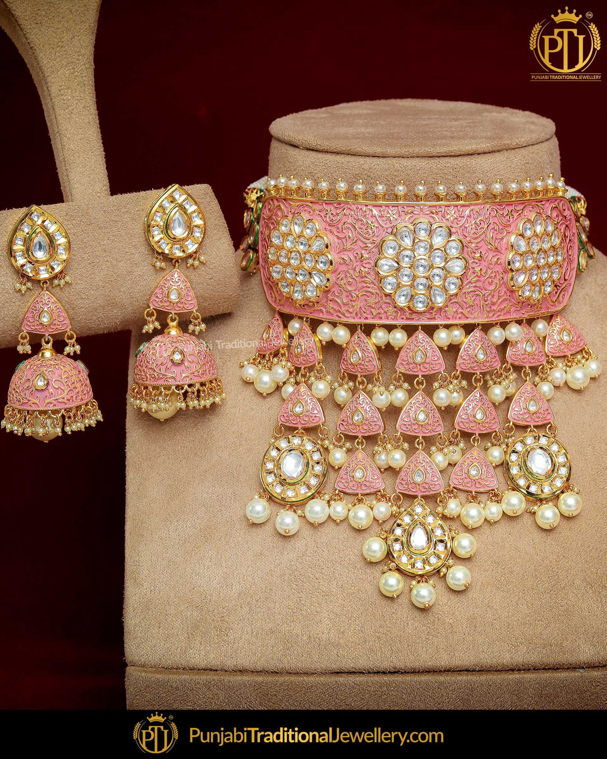 Hand Painted Meena Kundan Peach Pearl Bridal Necklace Set | Punjabi Traditional Jewellery Exclusive