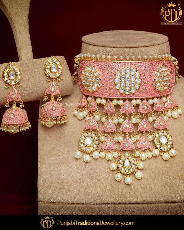 Hand Painted Meena Kundan Peach Pearl Bridal Necklace Set | Punjabi Traditional Jewellery Exclusive