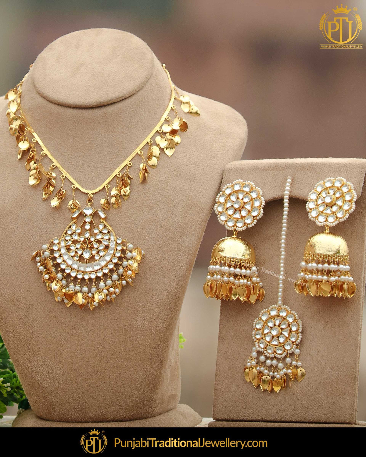 Gold Finished Pippal Patti Kundan Pearl Necklaec Set | Punjabi Traditional Jewellery Exclusive