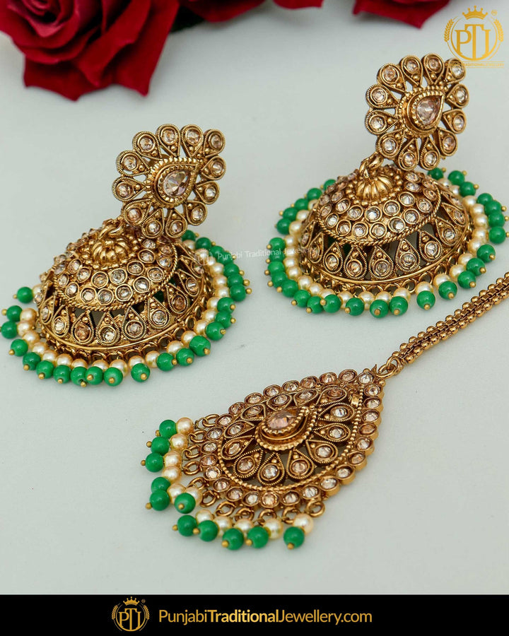 Antique Gold Finished Green Champagne Stone Jhumki Earrings & Tikka | Punjabi Traditional Jewellery Exclusive