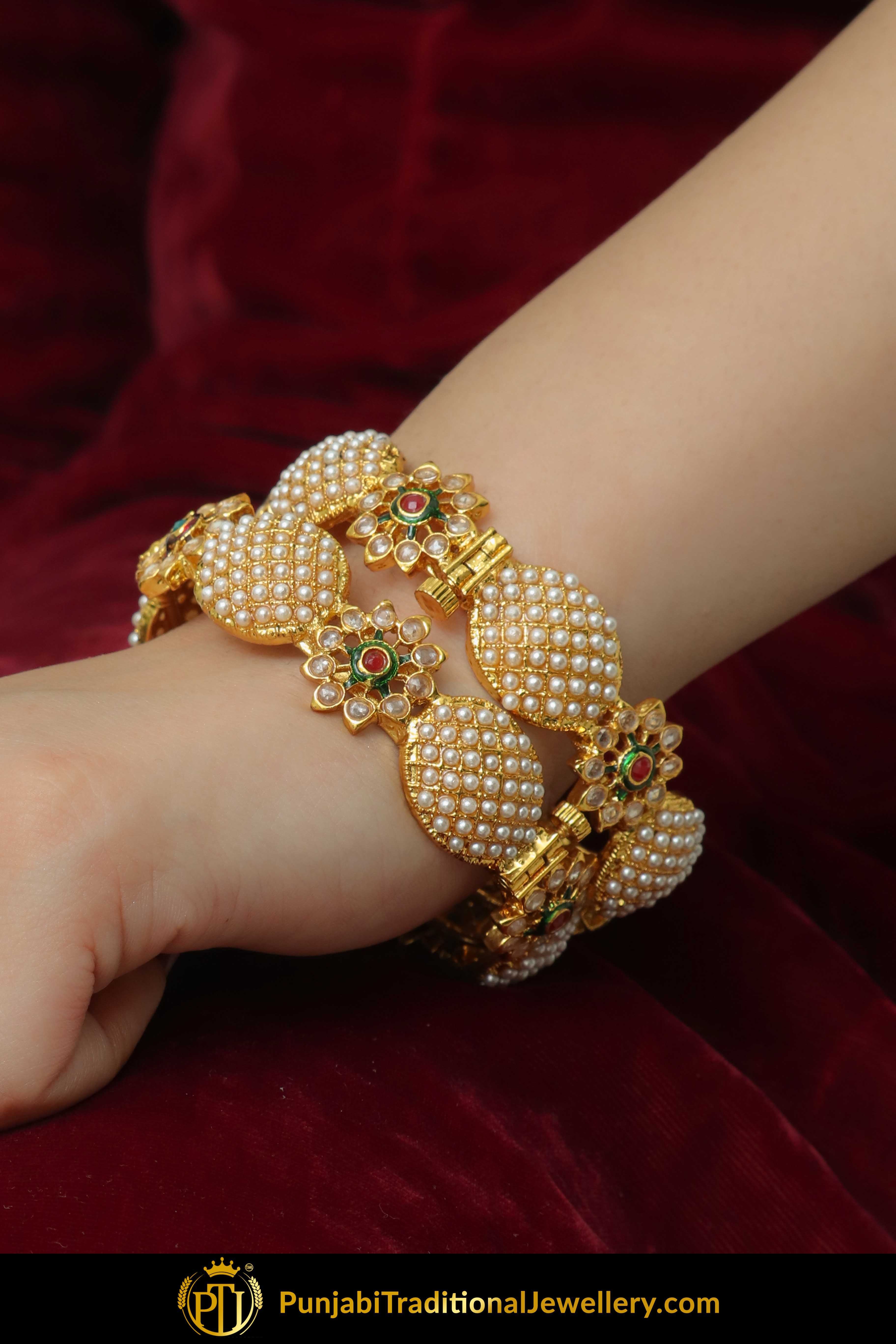 Fayruz Gold Finished Pearl Openable Karra Bangles (Pair)| Punjabi Traditional Jewellery Exclusive