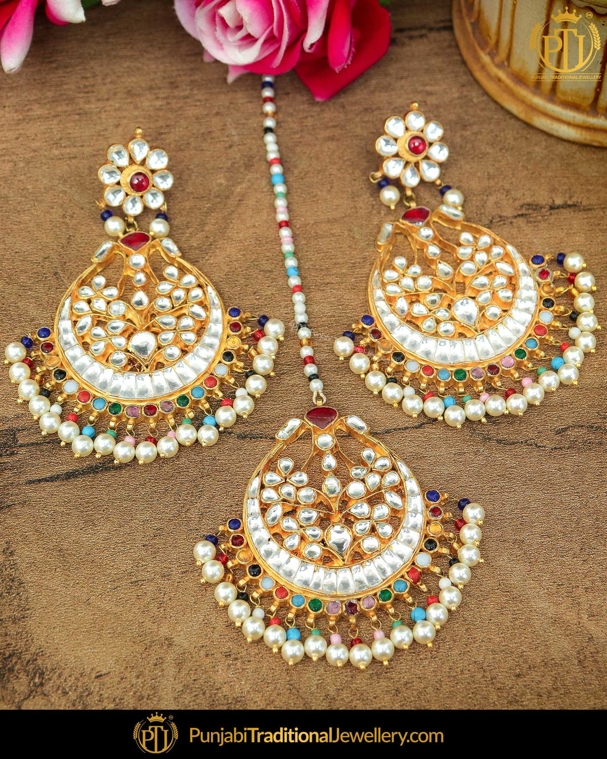 Gold Finished Navratan Pearl Kundan Earring Tikka Set | Punjabi Traditional Jewellery Exclusive