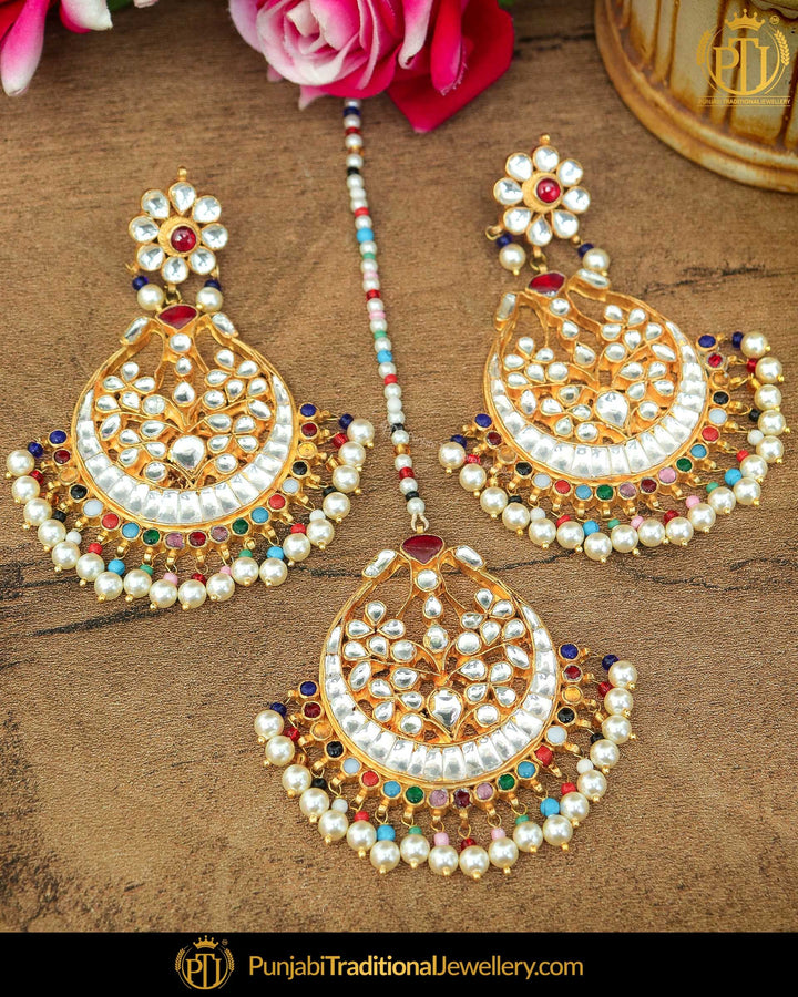 Gold Finished Navratan Pearl Kundan Earring Tikka Set | Punjabi Traditional Jewellery Exclusive