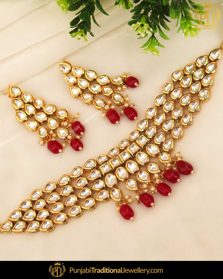 Gold Finished Rubby Kundan Pearl Choker Necklace Set | Punjabi Traditional Jewellery Exclusive
