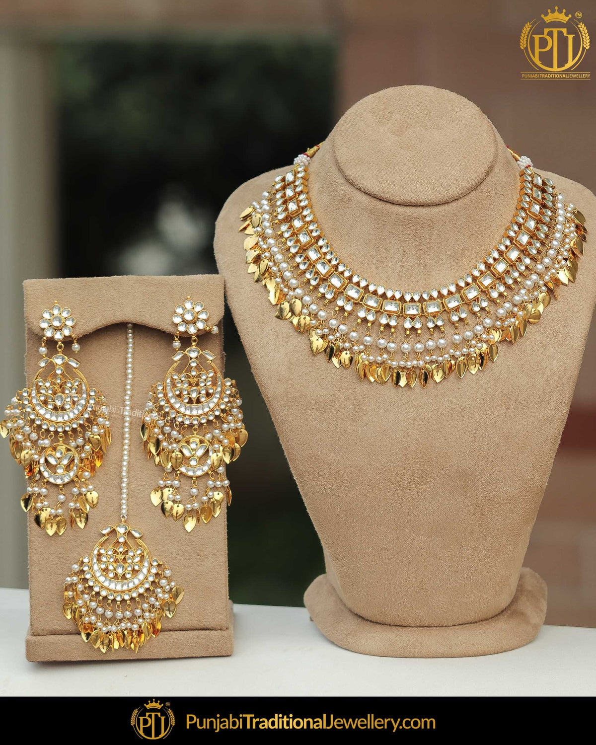 Gold Finished Pippal Patti Kundan Pearl Necklace Set | Punjabi Traditional Jewellery Exclusive