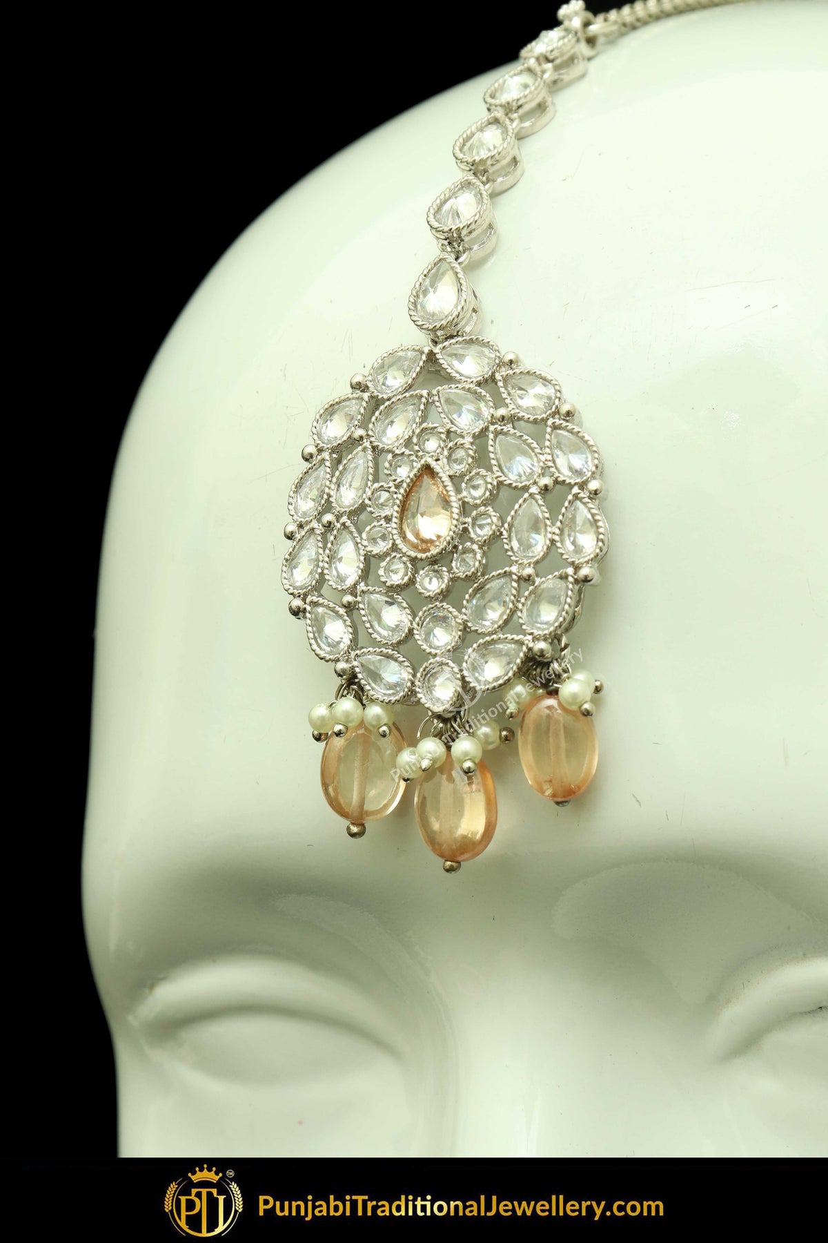 Silver Finished Polki Stone Peach Oversized Stud Earrings & Tikka Set By Punjabi Traditional Jewellery