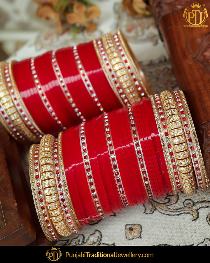 Antique Gold Finished AD Stone Karra Bangle Red Bridal Chura | Punjabi Traditional Jewellery Exclusive