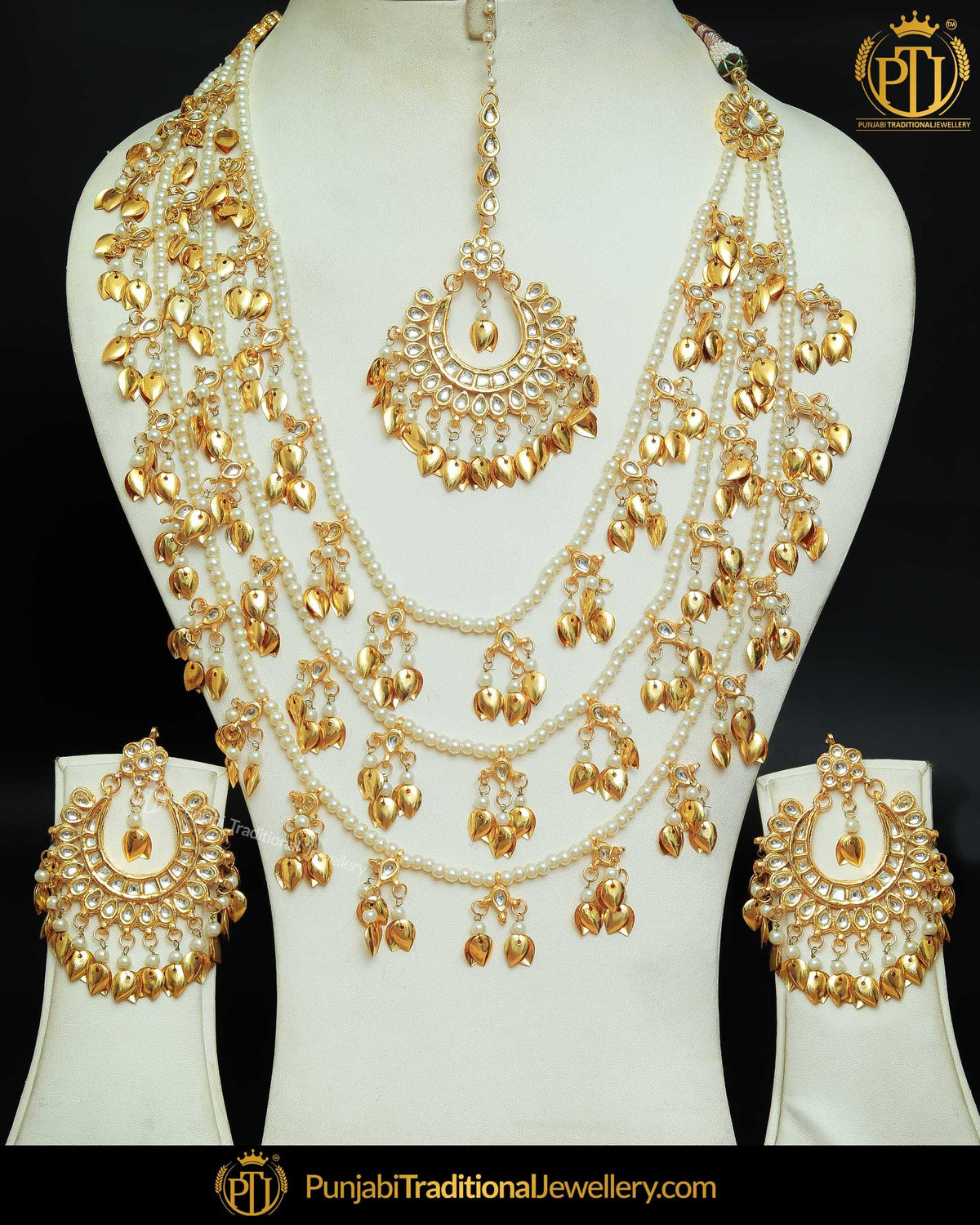 Gold Finished Kundan Pippal Patti Pearl Bridal Necklace Set | Punjabi Traditional Jewellery Exclusive
