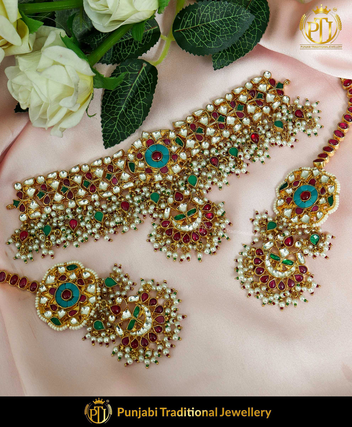 Kundan Rubby, Firozi & Emerald Pearl Bridal Necklace Set | Punjabi Traditional Jewellery Exclusive