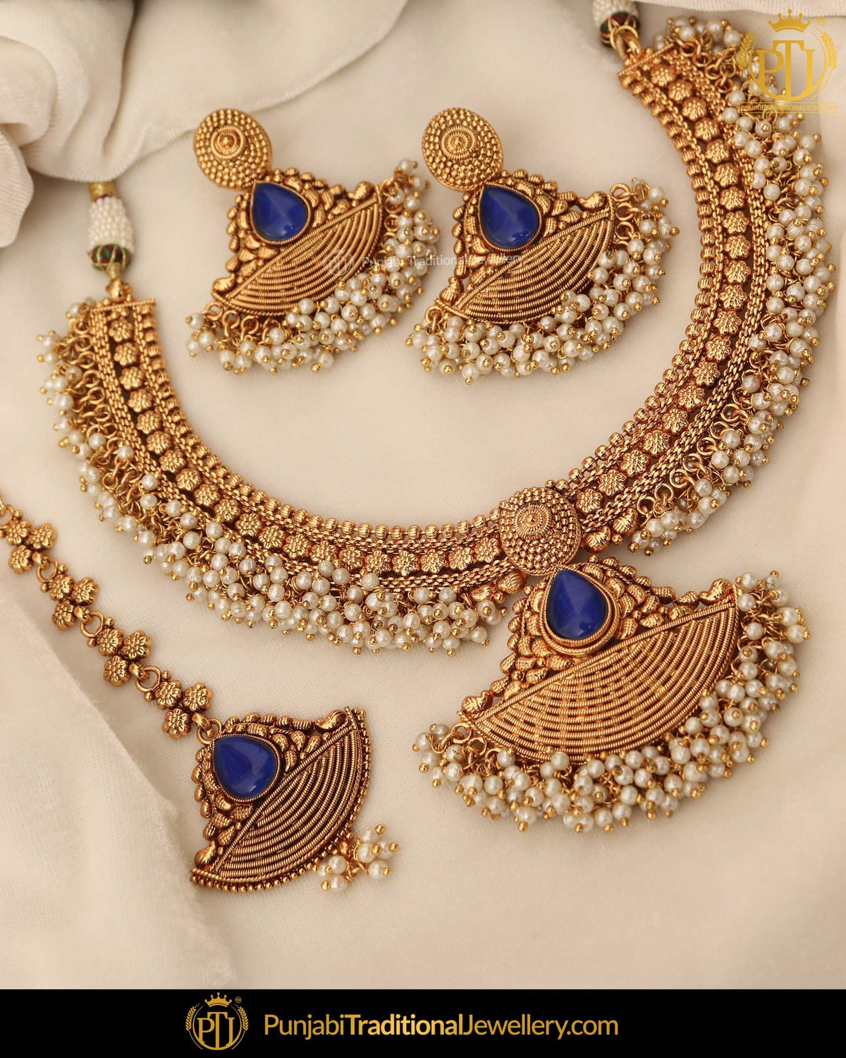 Antique Gold Finished Blue Pearl Necklace Set  | Punjabi Traditional Jewellery Exclusive