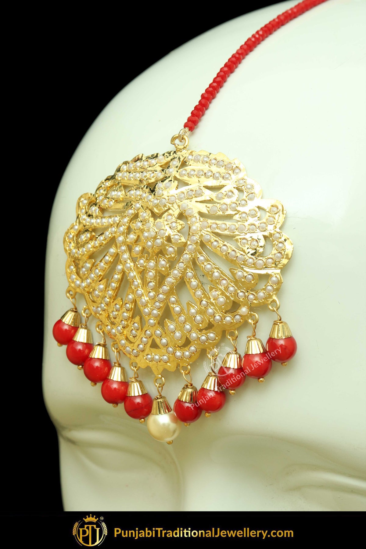 Gold Finished Red Jadau Pearl Earring Tikka Set | Punjabi Traditional Jewellery Exclusive