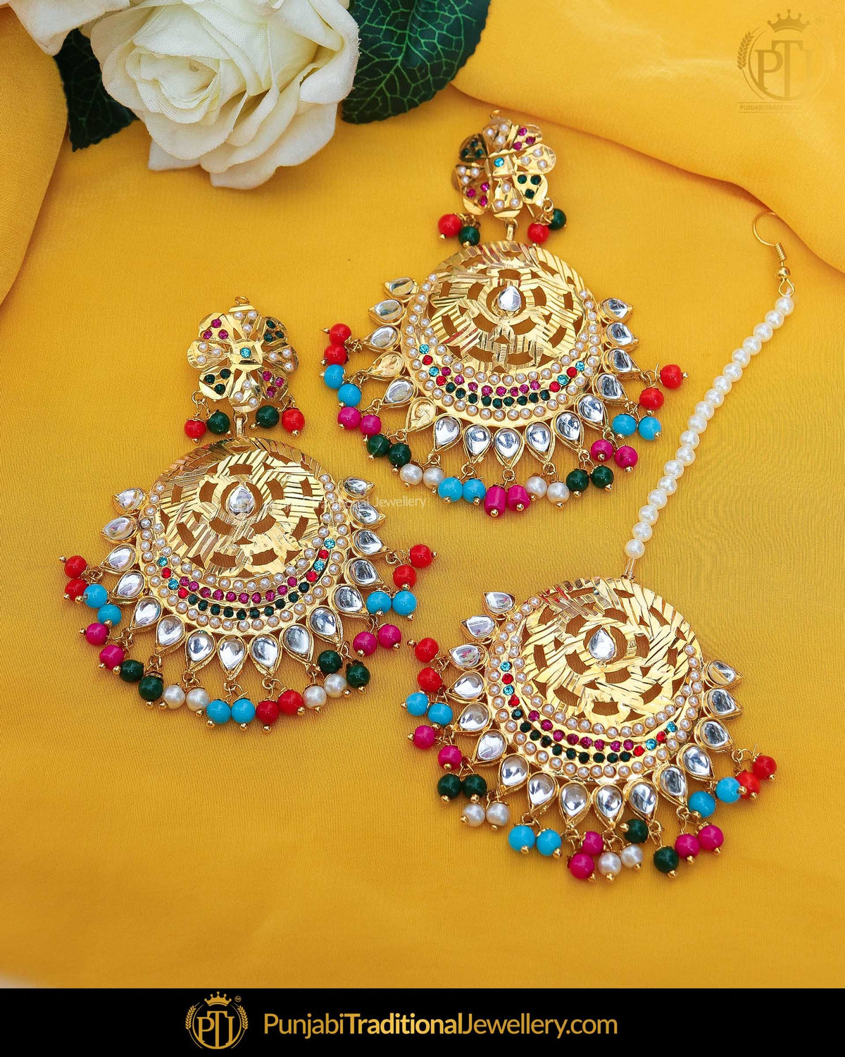 Gold Finished Navratan Kundan Jadau Pearl Earring Tikka Set | Punjabi Traditional Jewellery Exclusive