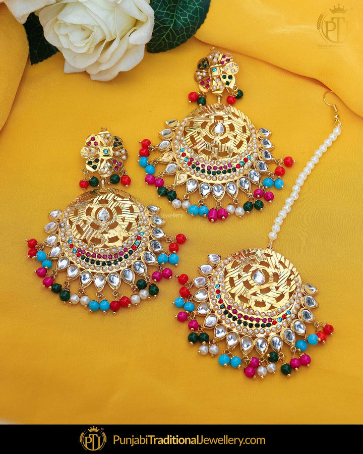 Gold Finished Navratan Kundan Jadau Pearl Earring Tikka Set | Punjabi Traditional Jewellery Exclusive